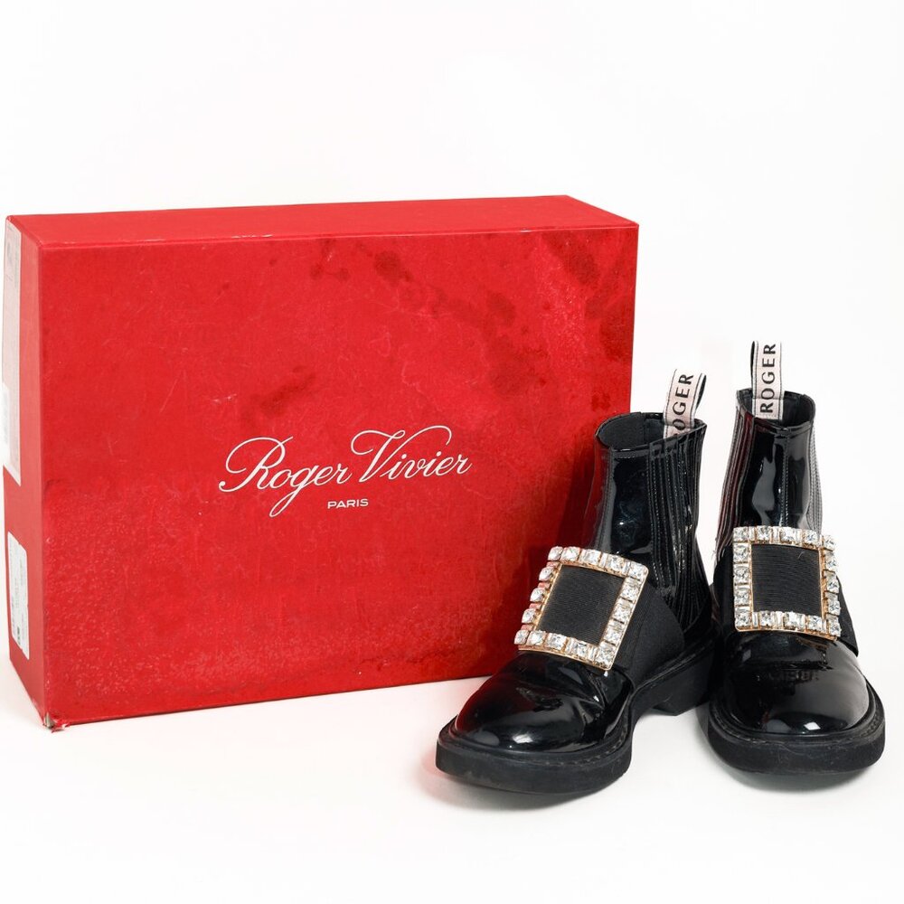 Roger Vivier Viv' Rangers Nero Embellished Patent Leather Chelsea Boots